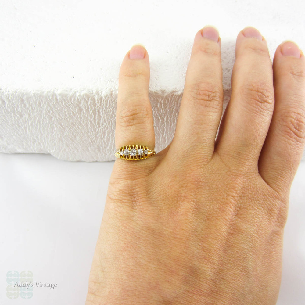 Antique 5 Stone Diamond Ring, Old Mine Cut Diamonds Set in 18 Carat Yellow Gold Engraved Gypsy Style Setting, Dated 1908.