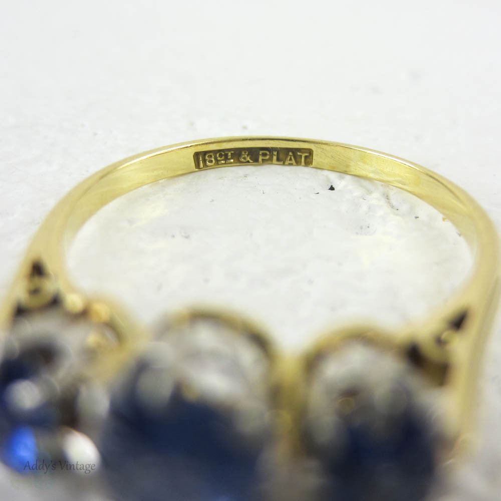 Antique Sapphire Engagement Ring, Three Stone Oval Cut Blue Sapphire Engagement Ring. Yellow Gold & Platinum, Circa 1900s.