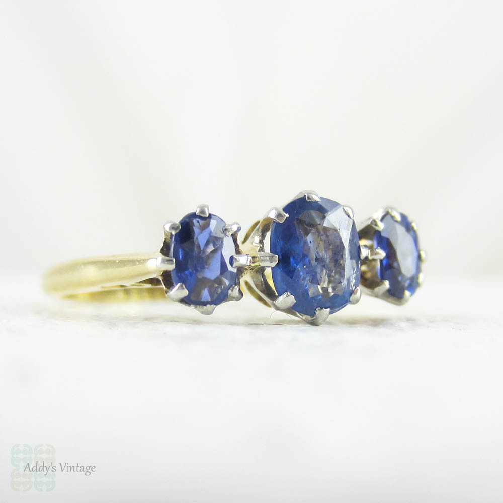 Antique Sapphire Engagement Ring, Three Stone Oval Cut Blue Sapphire ...