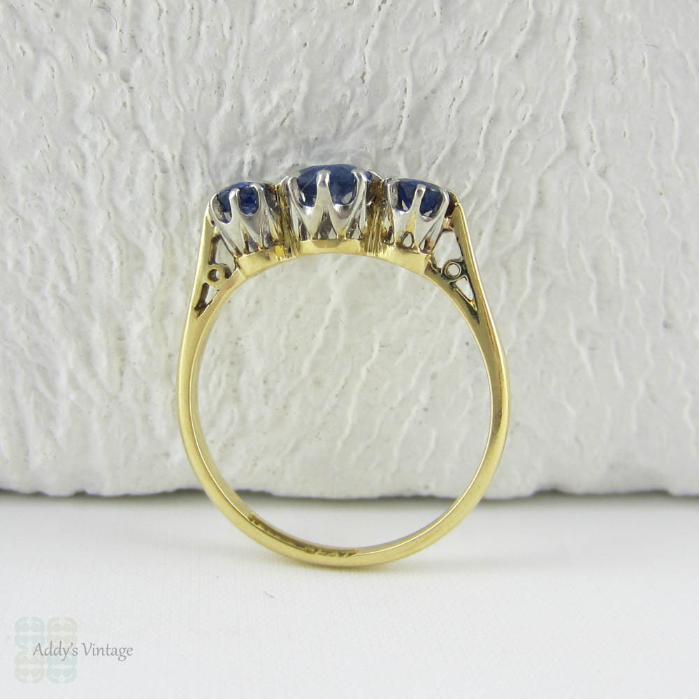 Antique Sapphire Engagement Ring, Three Stone Oval Cut Blue Sapphire Engagement Ring. Yellow Gold & Platinum, Circa 1900s.