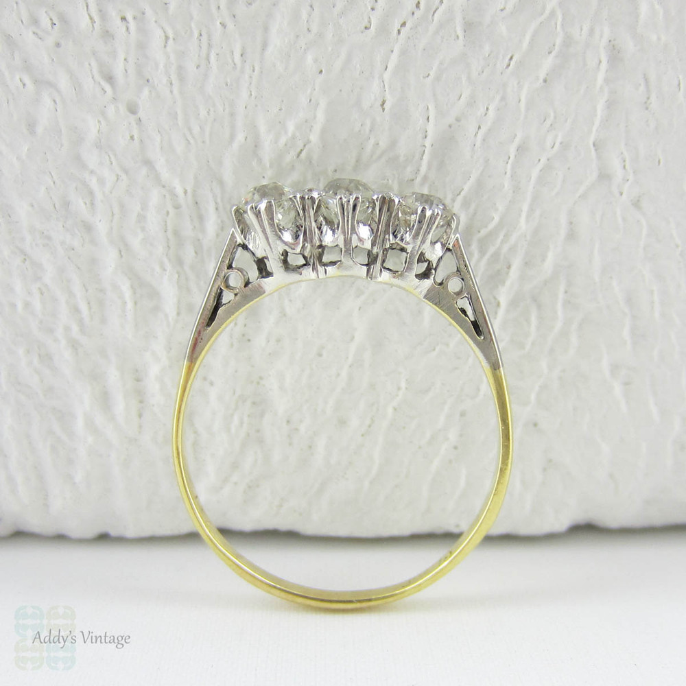 Deposit. Victorian Old Mine Cut Trilogy Ring, Engagement Ring set with Three Antique Diamonds in 18 Carat Gold and Platinum.