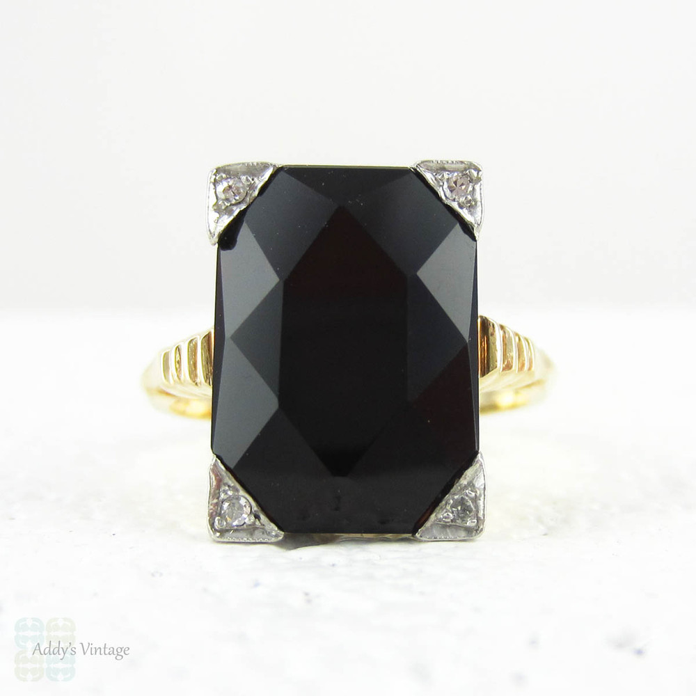 Onyx & Diamond Panel Ring, Late Art Deco Cocktail Ring Set with Black ...