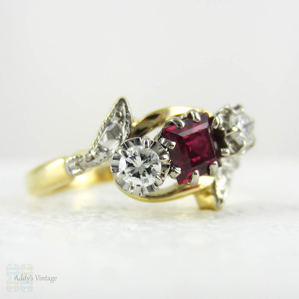Vintage Ruby & Diamond Engagement Ring, Trilogy Ring in Bypass Twist Style. Engraved Leaf Design Setting, 18 Carat Gold, Circa 1960s.