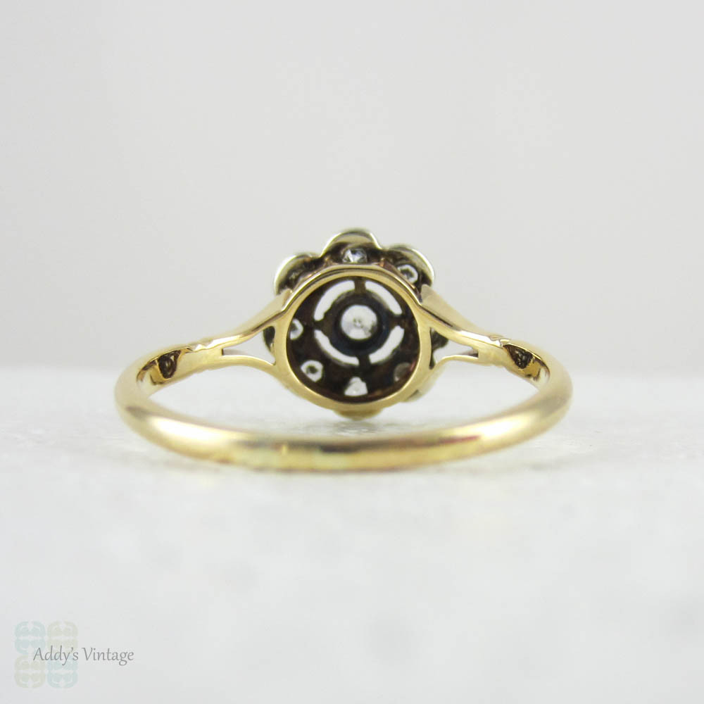 Antique Diamond Daisy Engagement Ring, Diamond Cluster Ring with Pierced Design and Milgrain Beading, 18 Carat Gold.