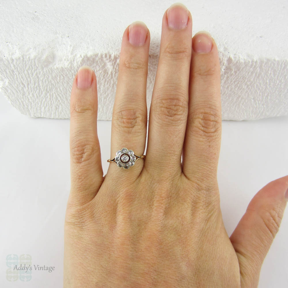 Antique Diamond Daisy Engagement Ring, Diamond Cluster Ring with Pierced Design and Milgrain Beading, 18 Carat Gold.