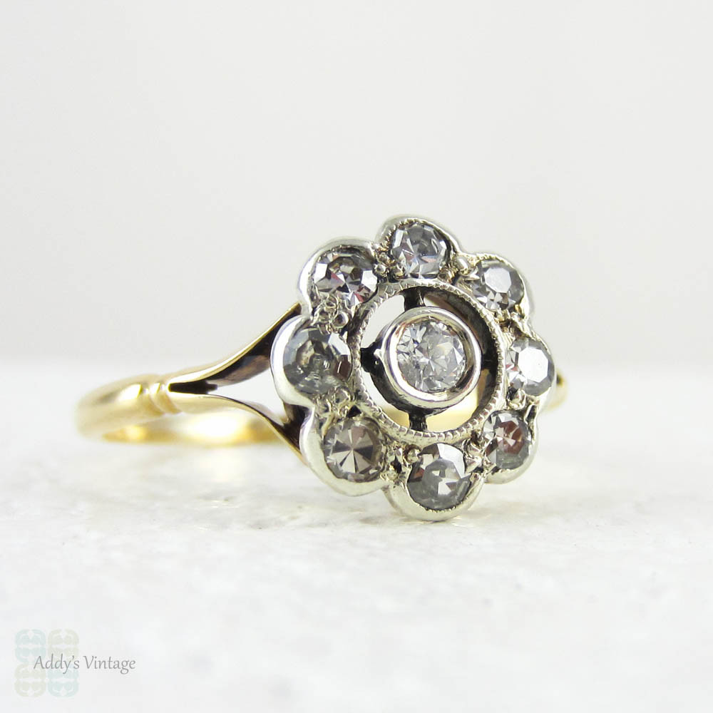 Antique Diamond Daisy Engagement Ring, Diamond Cluster Ring with Pierced Design and Milgrain Beading, 18 Carat Gold.