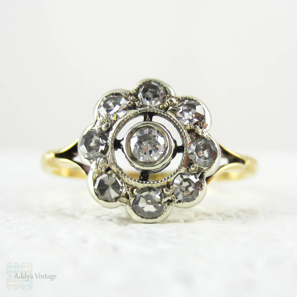 Antique Diamond Daisy Engagement Ring, Diamond Cluster Ring with Pierced Design and Milgrain Beading, 18 Carat Gold.