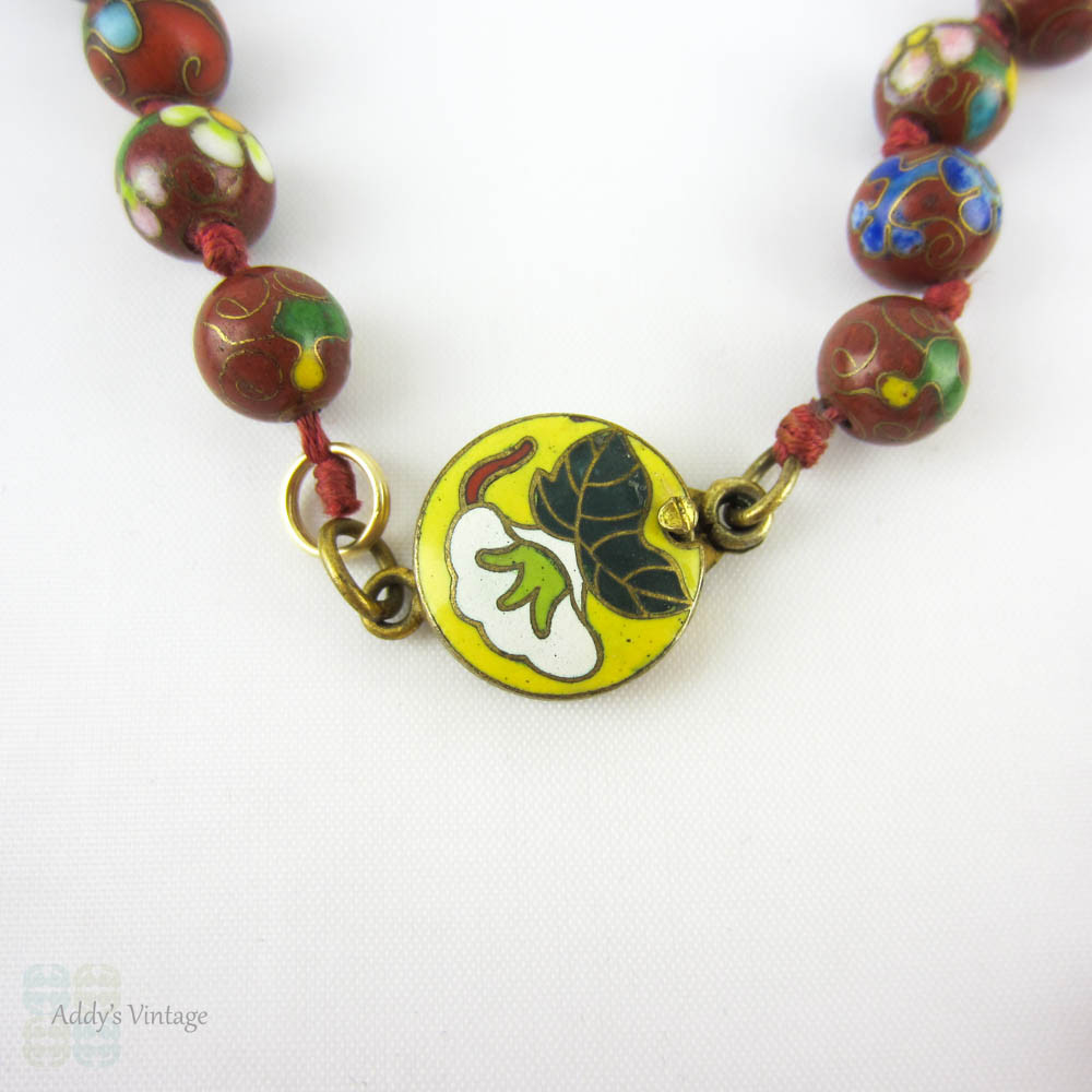 1960s Cloisonné Necklace, Vintage Floral Design Beaded Enamel Necklace on Knotted Red Thread, 63.5 cm / 25 inches.