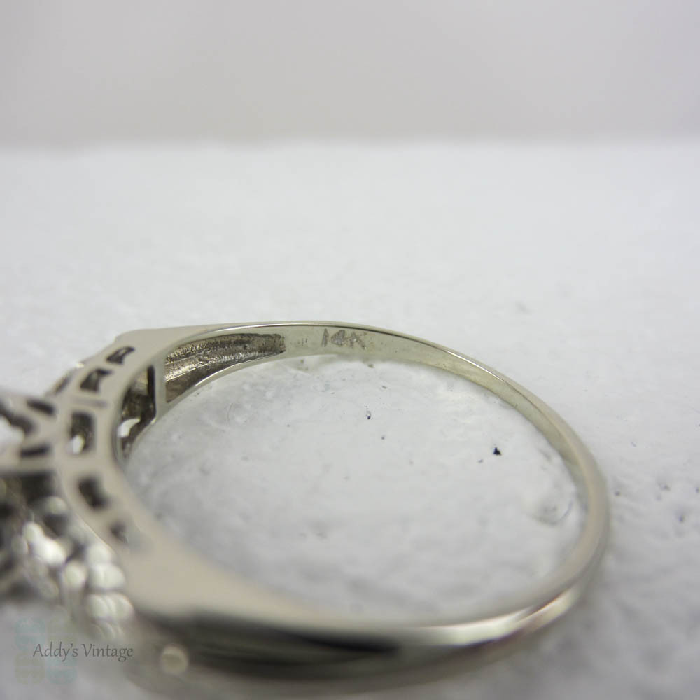 White Gold Diamond Engagement Ring, Late Art Deco Classic Three Stone Diamond Ring in Pretty, Delicate Setting, Circa 1940s.