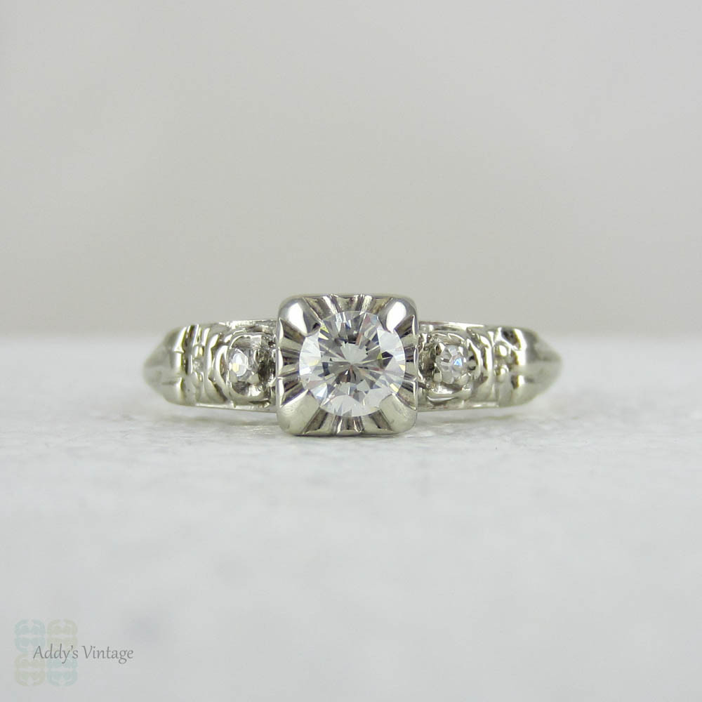 White Gold Diamond Engagement Ring, Late Art Deco Classic Three Stone Diamond Ring in Pretty, Delicate Setting, Circa 1940s.
