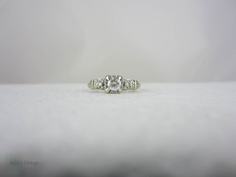 White Gold Diamond Engagement Ring, Late Art Deco Classic Three Stone Diamond Ring in Pretty, Delicate Setting, Circa 1940s.