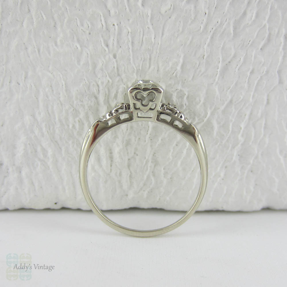 White Gold Diamond Engagement Ring, Late Art Deco Classic Three Stone Diamond Ring in Pretty, Delicate Setting, Circa 1940s.