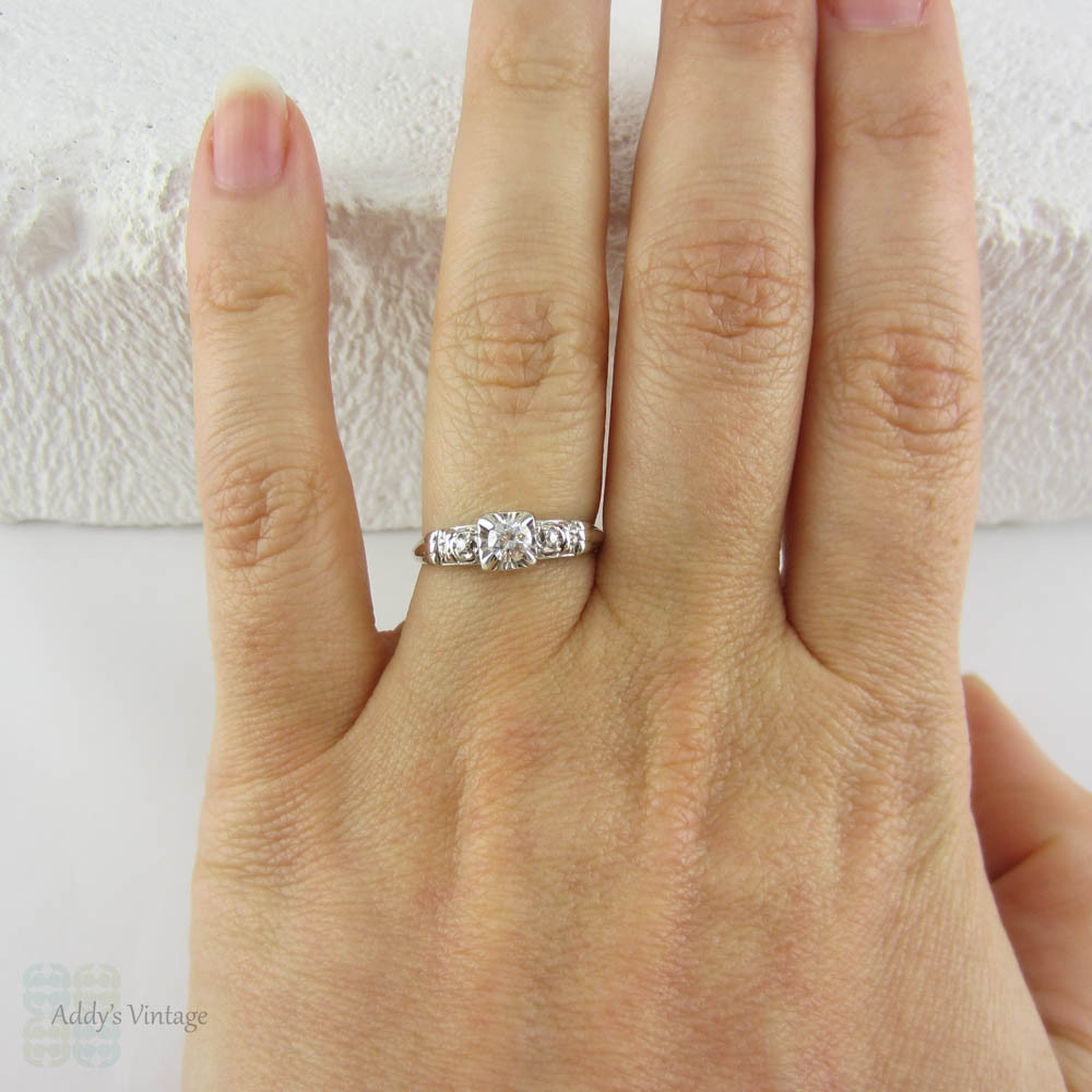 White Gold Diamond Engagement Ring, Late Art Deco Classic Three Stone Diamond Ring in Pretty, Delicate Setting, Circa 1940s.