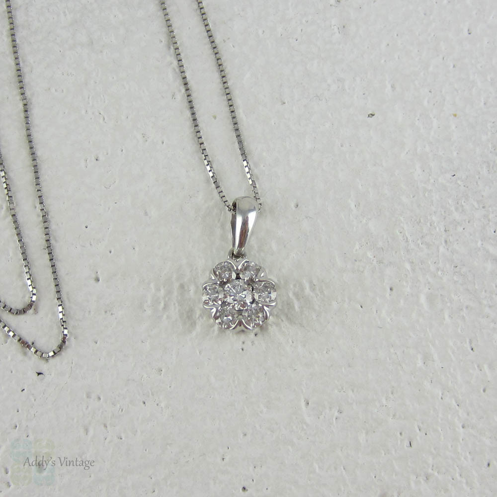 Vintage Diamond Cluster Pendant. Round Brilliant Cut Diamonds in Halo Style White Gold Pendant.