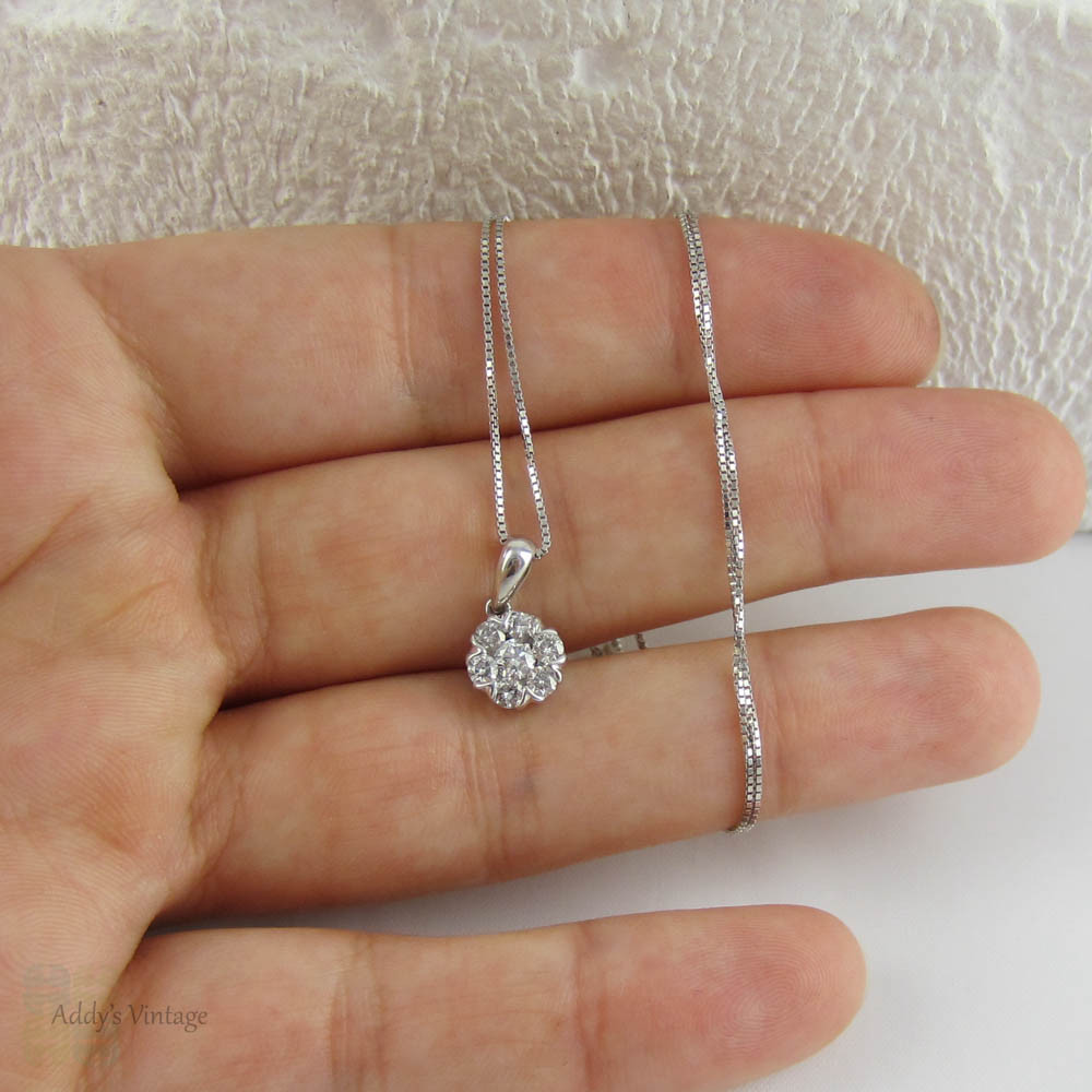 Vintage Diamond Cluster Pendant. Round Brilliant Cut Diamonds in Halo Style White Gold Pendant.