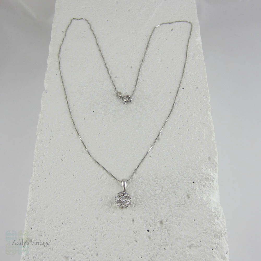 Vintage Diamond Cluster Pendant. Round Brilliant Cut Diamonds in Halo Style White Gold Pendant.