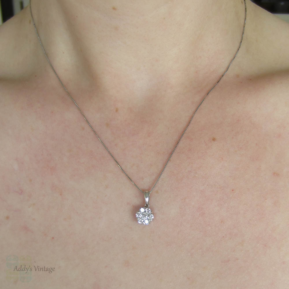 Vintage Diamond Cluster Pendant. Round Brilliant Cut Diamonds in Halo Style White Gold Pendant.