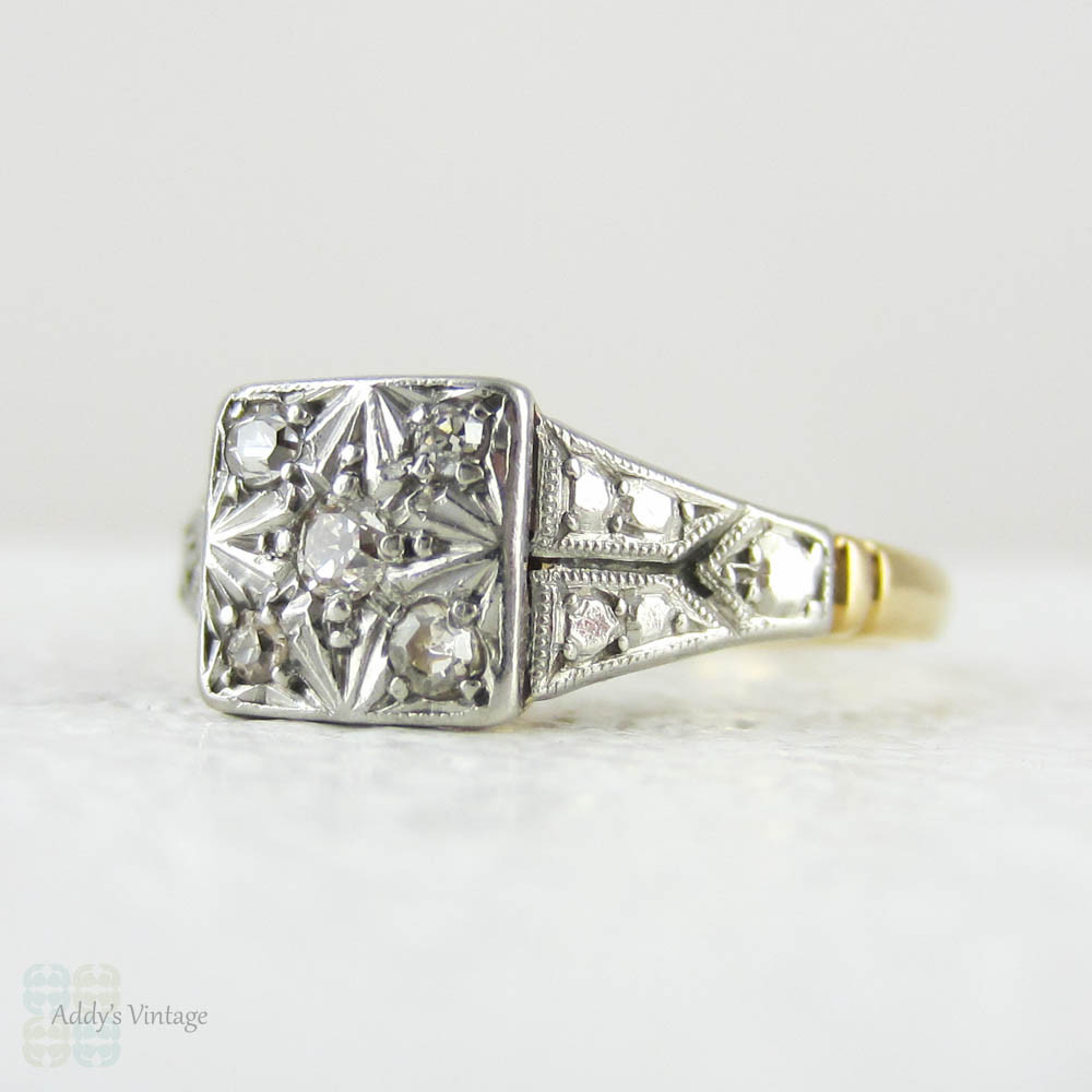 Art Deco Pave Set Diamond Engagement Ring, Square Top Cluster Ring in Star Design with Milgrain Beading in 18 Carat Gold, Platinum.