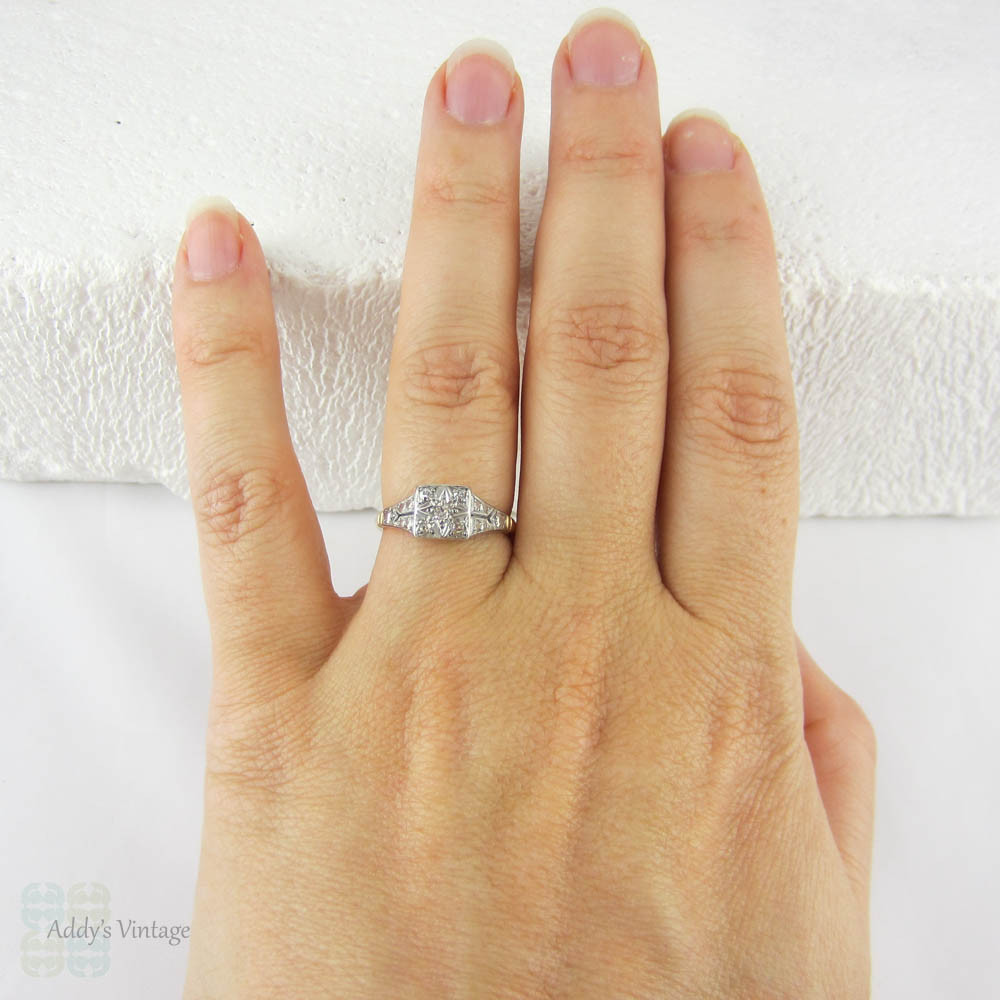 Art Deco Pave Set Diamond Engagement Ring, Square Top Cluster Ring in Star Design with Milgrain Beading in 18 Carat Gold, Platinum.
