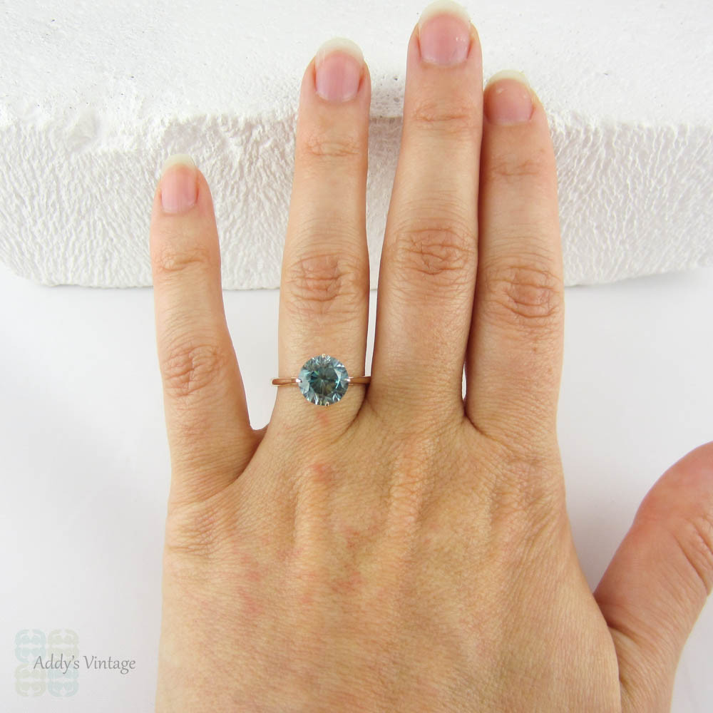 Blue Zircon Solitaire Ring in 9 Carat Rose Gold, Vintage Blue Zircon Single Stone Ring in Simple Narrow Band Ring.