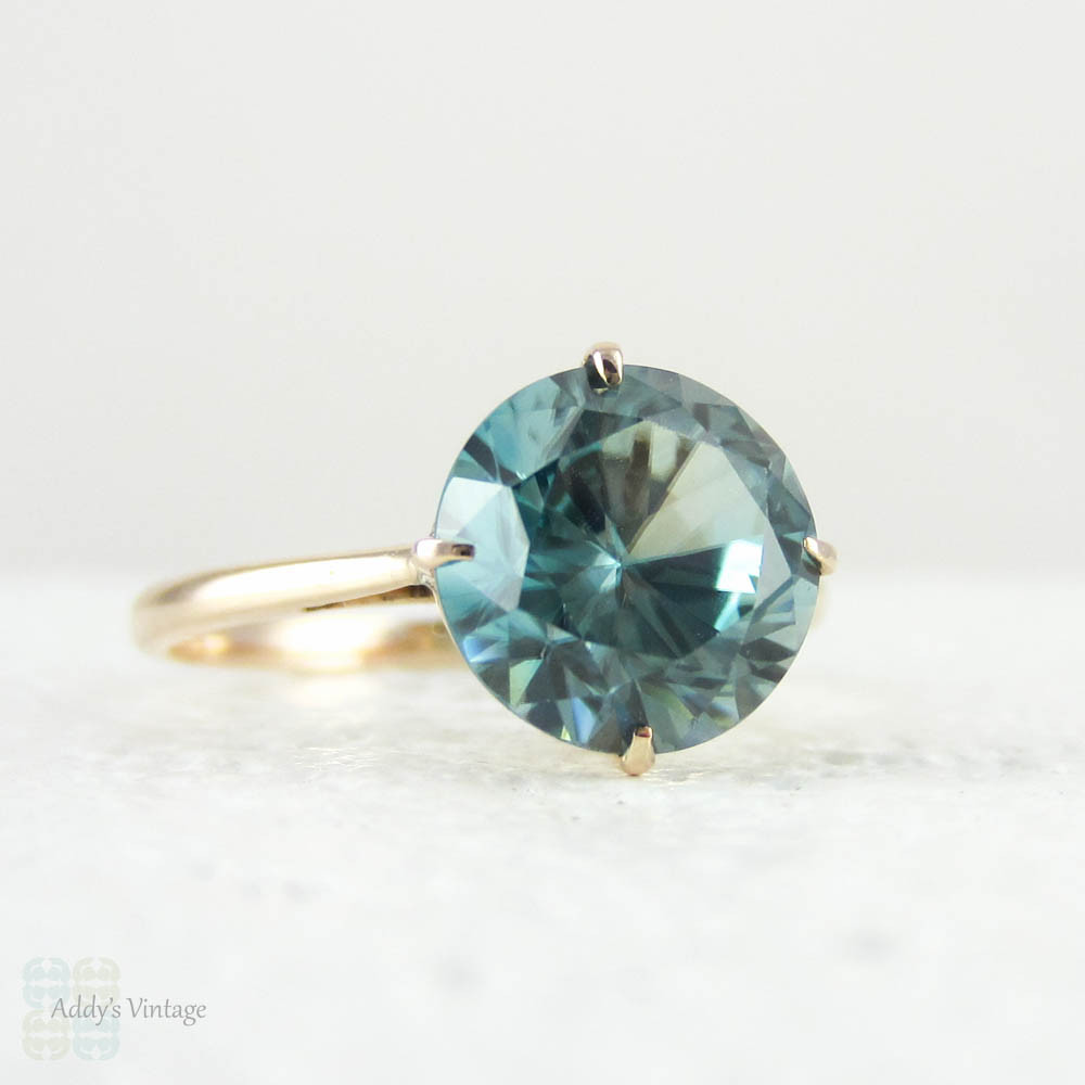 Blue Zircon Solitaire Ring in 9 Carat Rose Gold, Vintage Blue Zircon Single Stone Ring in Simple Narrow Band Ring.