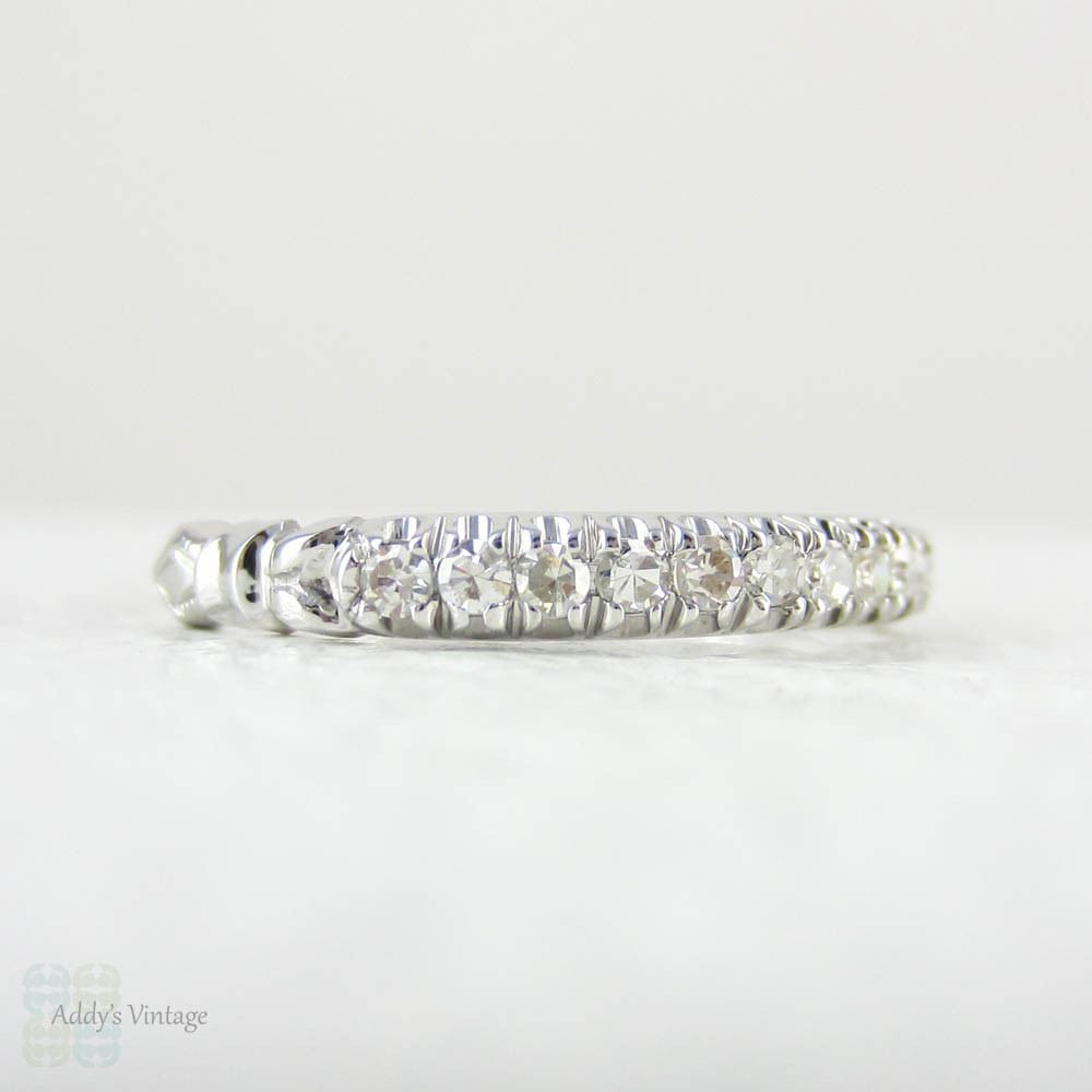 Vintage Diamond Wedding Ring, Half Hoop 10 Stone Eternity Ring with Engraved Detail in 18 Carat White Gold, Circa 1930s.