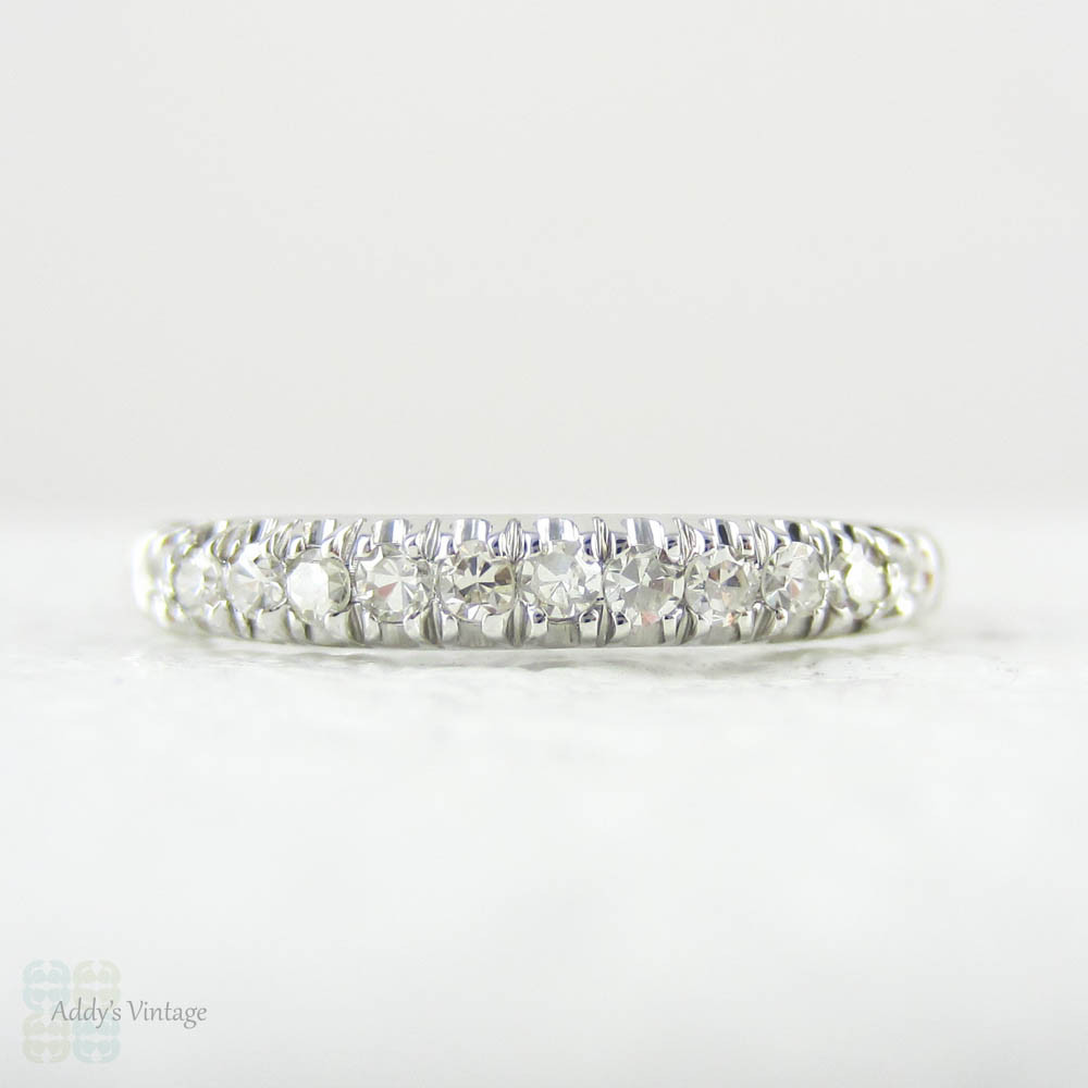 Vintage Diamond Wedding Ring, Half Hoop 10 Stone Eternity Ring with Engraved Detail in 18 Carat White Gold, Circa 1930s.