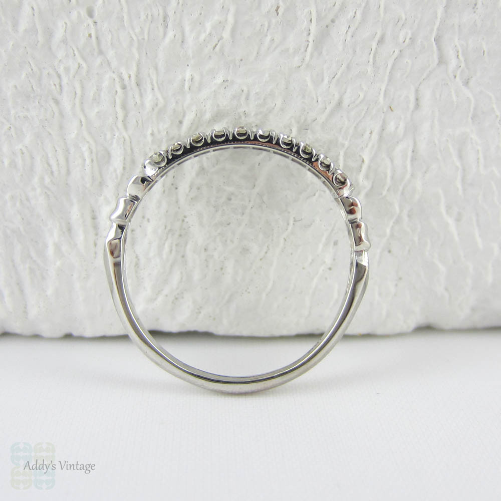 Vintage Diamond Wedding Ring, Half Hoop 10 Stone Eternity Ring with Engraved Detail in 18 Carat White Gold, Circa 1930s.