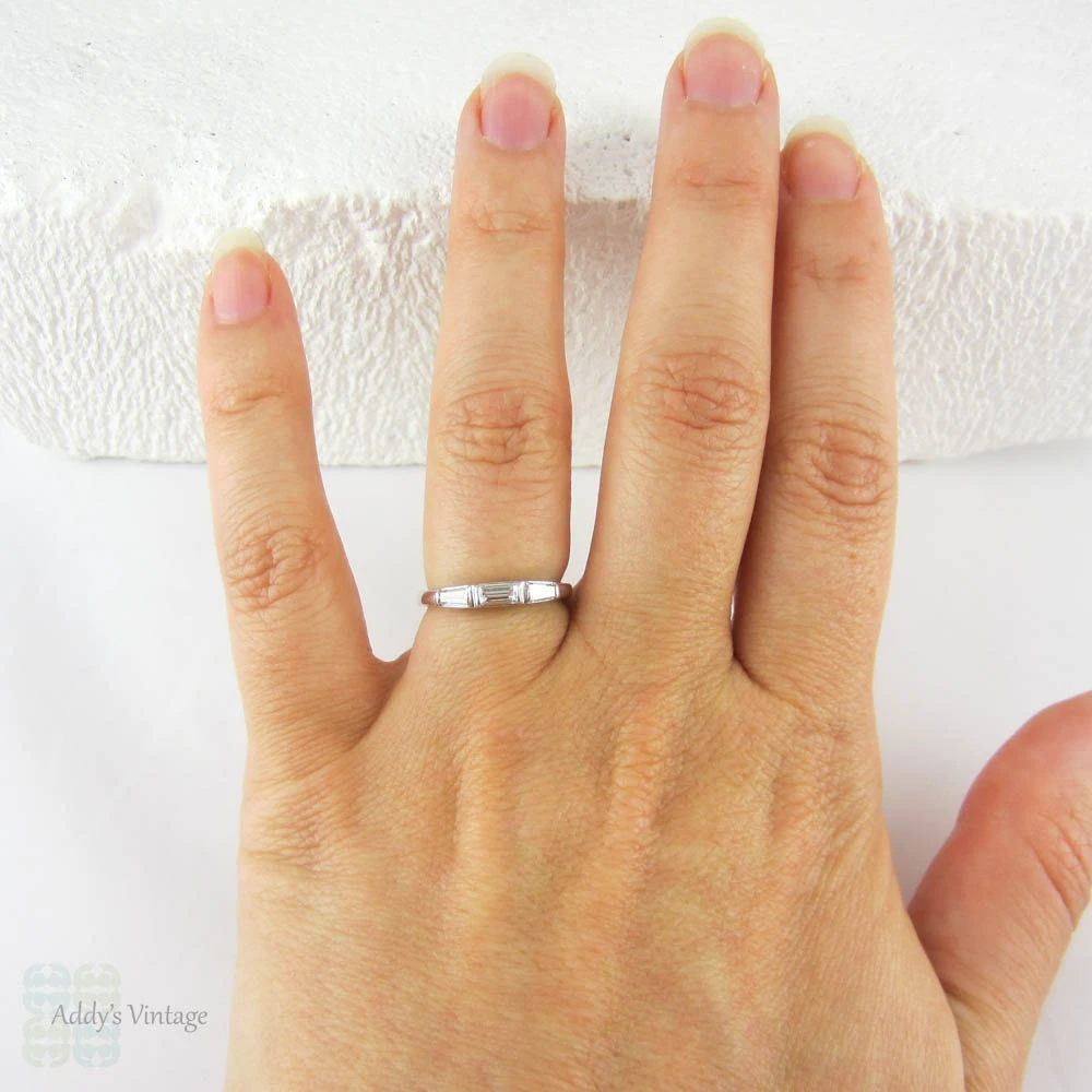 Vintage Platinum Baguette Diamond Wedding Ring, 3 Stone Ring set with Straight & Baguette Cut Diamonds, 0.60 ctw, 1930s.