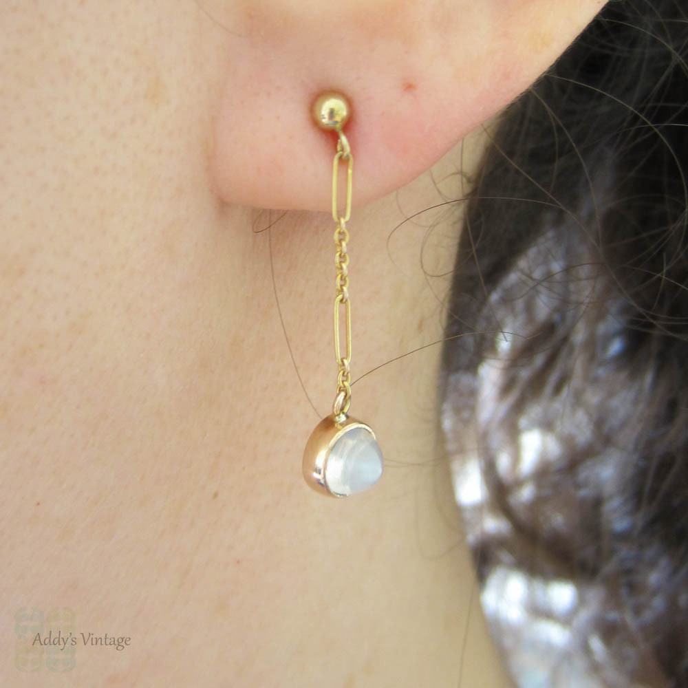 Edwardian Moonstone Drop Earrings, Bezel Set 9 Carat Yellow Gold Dangle Earrings. Long & Short Chain Dangles, Early 20th Century.
