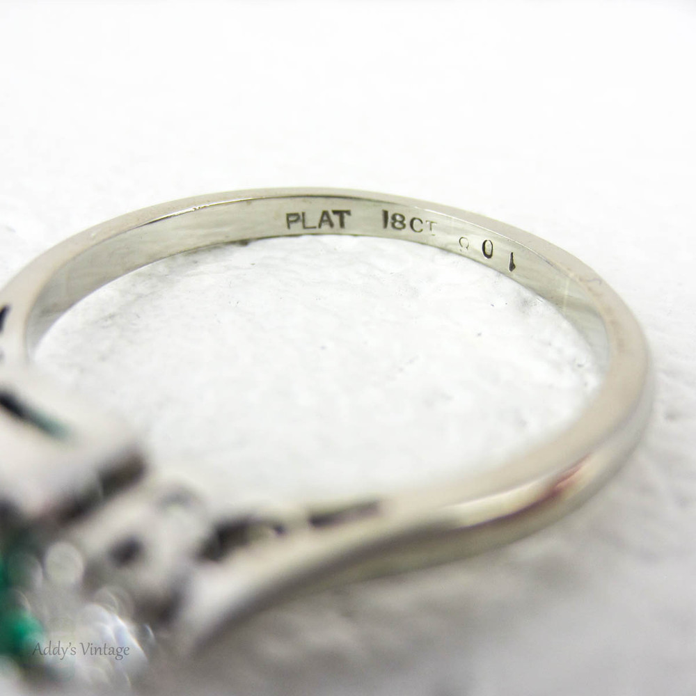 Vintage Emerald & Diamond Three Stone Engagement Ring in 18 Carat White Gold and Platinum, Circa 1940s. 