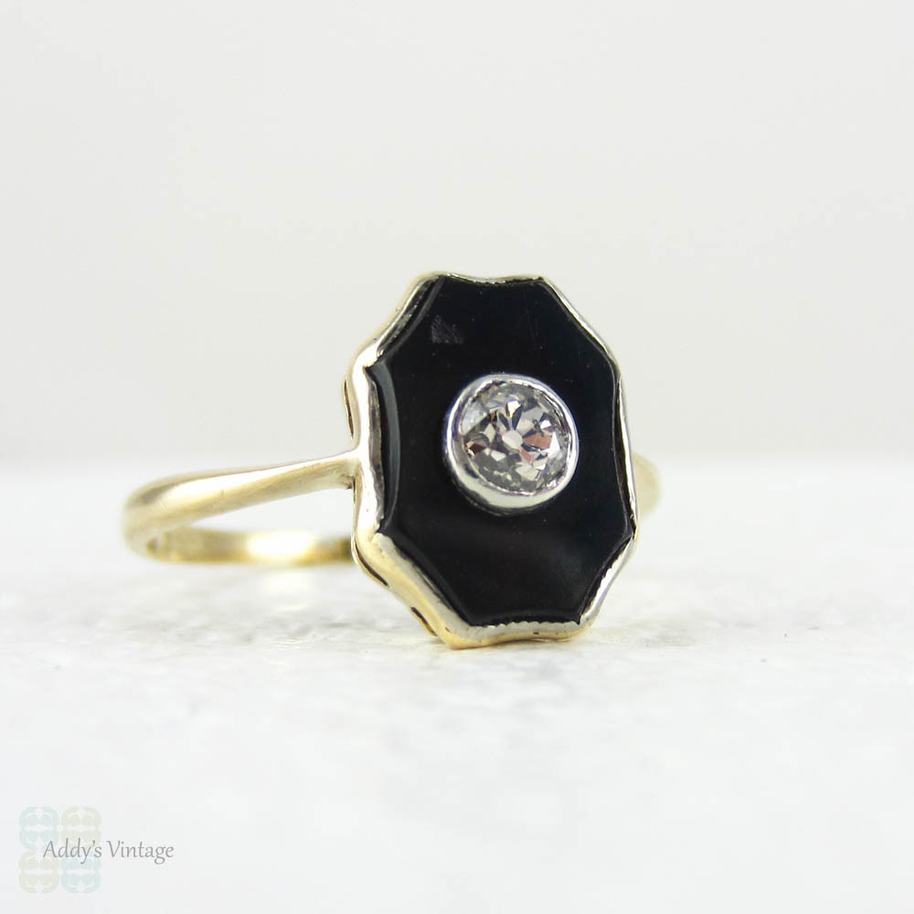 Vintage Onyx Panel Ring with Old Mine Cut Diamond, Art Deco Black