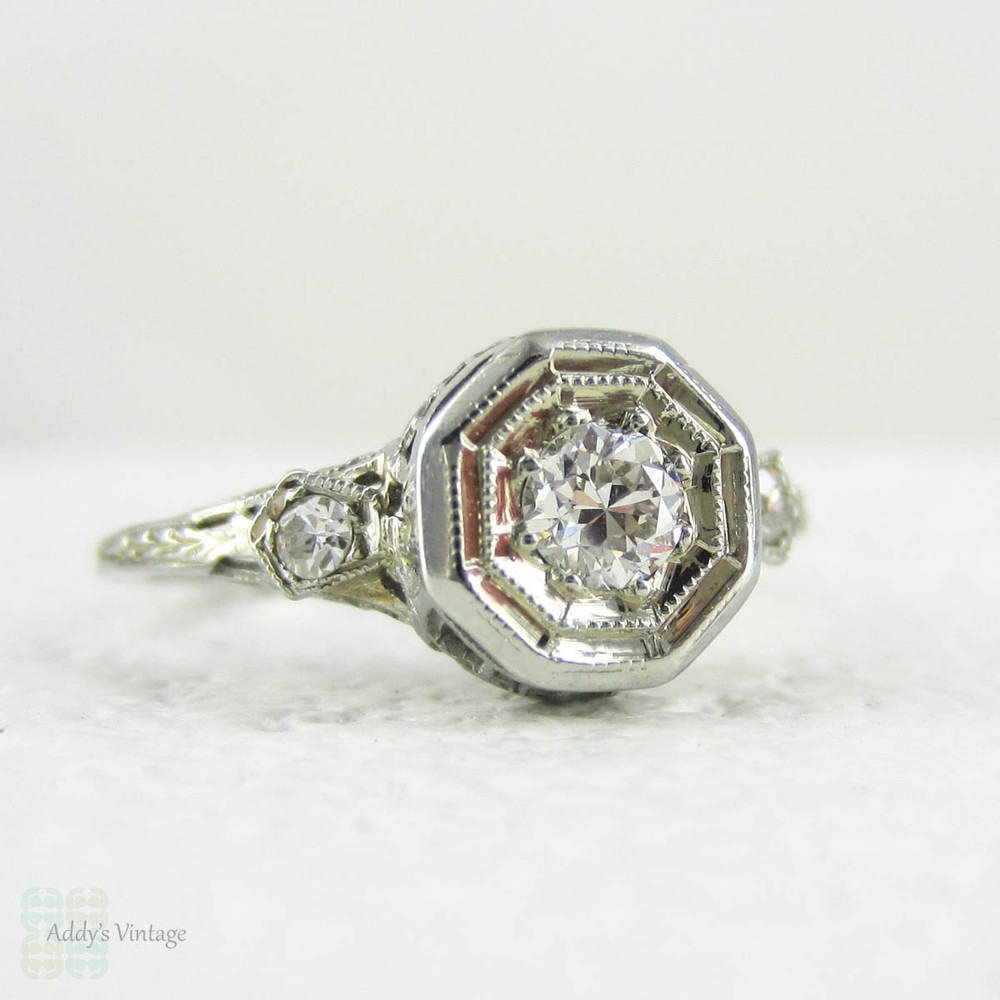 Art Deco Filigree Diamond Engagement Ring, Old European Cut Diamond Three Stone, Flower Design 18 Carat White Gold, Circa 1930s.