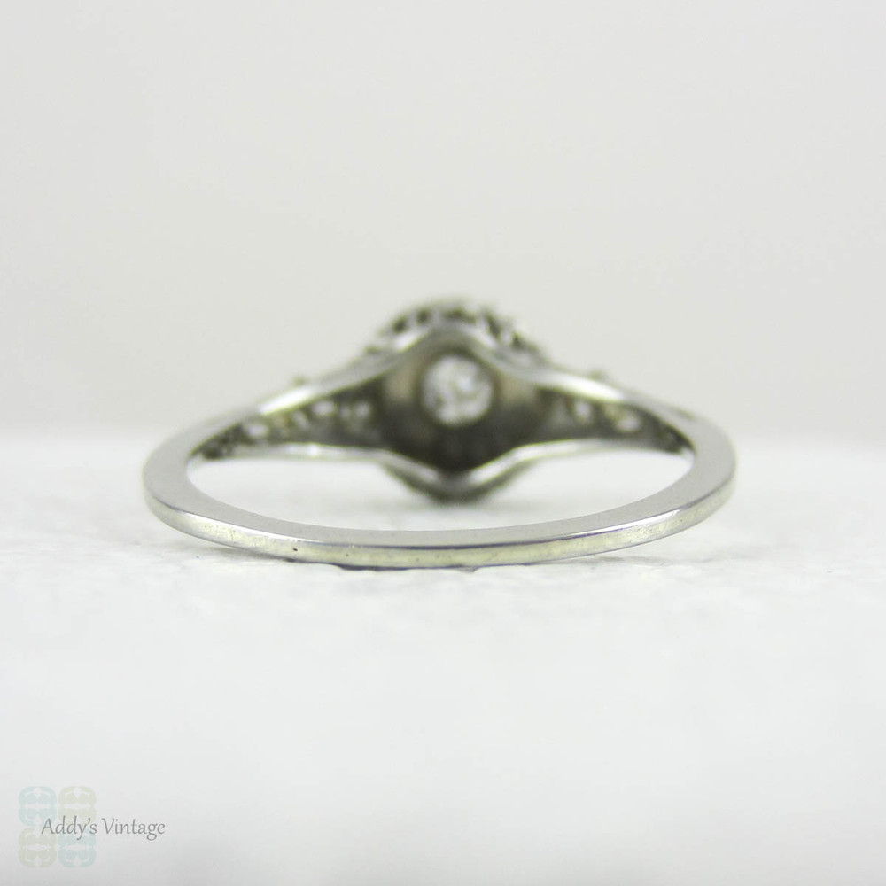 Art Deco Filigree Diamond Engagement Ring, Old European Cut Diamond Three Stone, Flower Design 18 Carat White Gold, Circa 1930s.