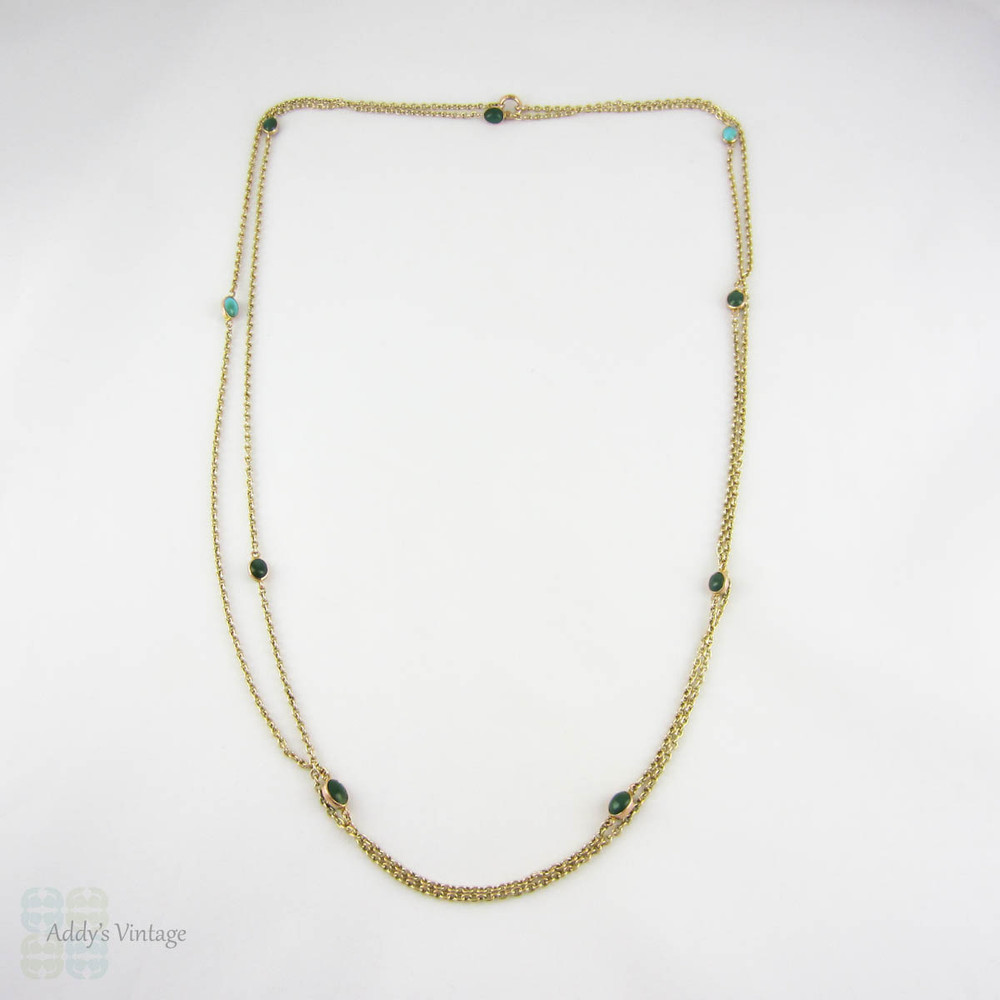 Victorian Long Guard Chain, 9 Carat Yellow Gold & Turquoise Necklace. Turquoise Inset Station Chain. 131 cm / 51.5 inches, 16.7 grams. 