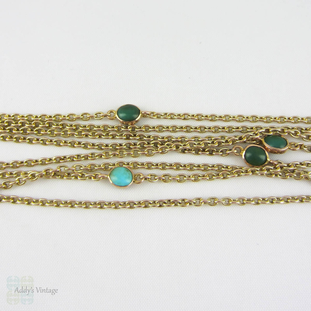 Victorian Long Guard Chain, 9 Carat Yellow Gold & Turquoise Necklace. Turquoise Inset Station Chain. 131 cm / 51.5 inches, 16.7 grams. 