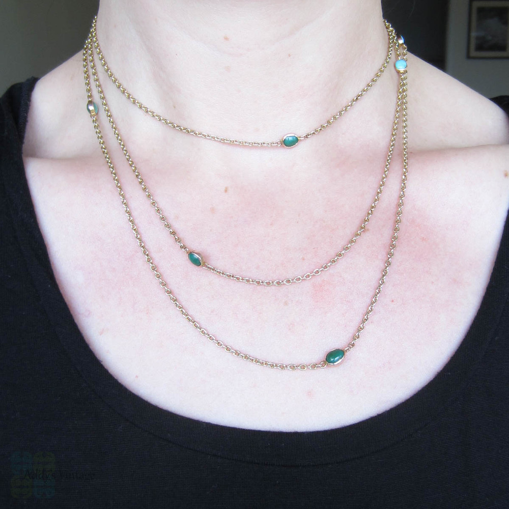 Victorian Long Guard Chain, 9 Carat Yellow Gold & Turquoise Necklace. Turquoise Inset Station Chain. 131 cm / 51.5 inches, 16.7 grams. 