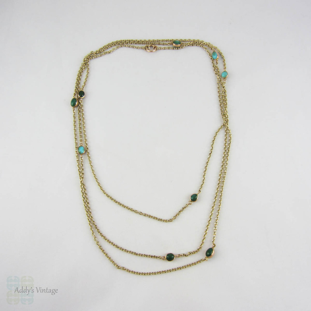 Victorian Long Guard Chain, 9 Carat Yellow Gold & Turquoise Necklace. Turquoise Inset Station Chain. 131 cm / 51.5 inches, 16.7 grams. 