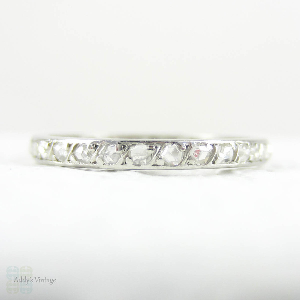 French Art Deco Platinum Eternity Ring, Rose Cut Diamond Full Hoop Pave Set Wedding Band. Circa 1920s, Size L / 5.75.