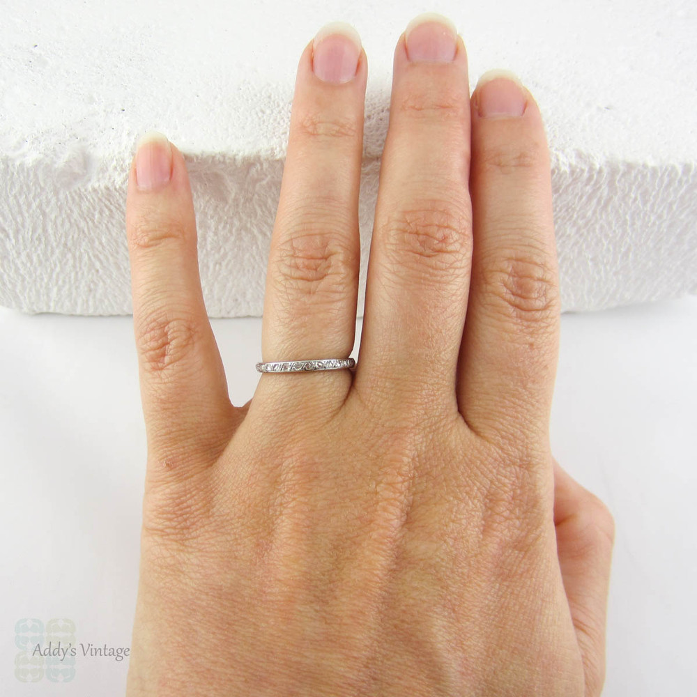 French Art Deco Platinum Eternity Ring, Rose Cut Diamond Full Hoop Pave Set Wedding Band. Circa 1920s, Size L / 5.75.