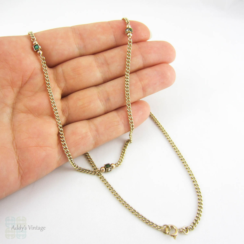 Victorian 9 Carat Gold Chain Necklace with Turquoise & Seed Pearls. Curb Link Chain with Square Turquoise & Seed Pearl Stations, Circa 1880s.