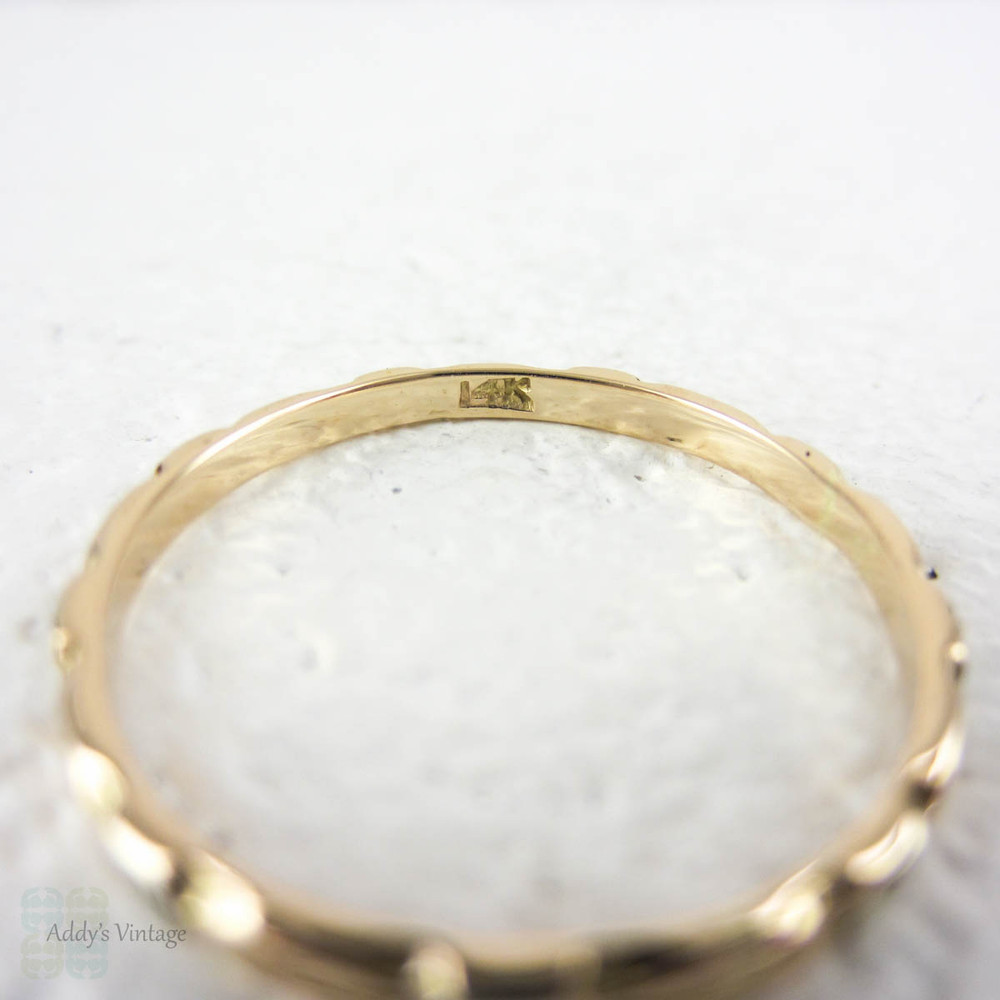 Dainty Vintage Wedding Ring, Two Tone 14 Carat Rose & White Gold Floral Ring, Narrow Stacking Band. Circa 1940s, Size M / 6.25.