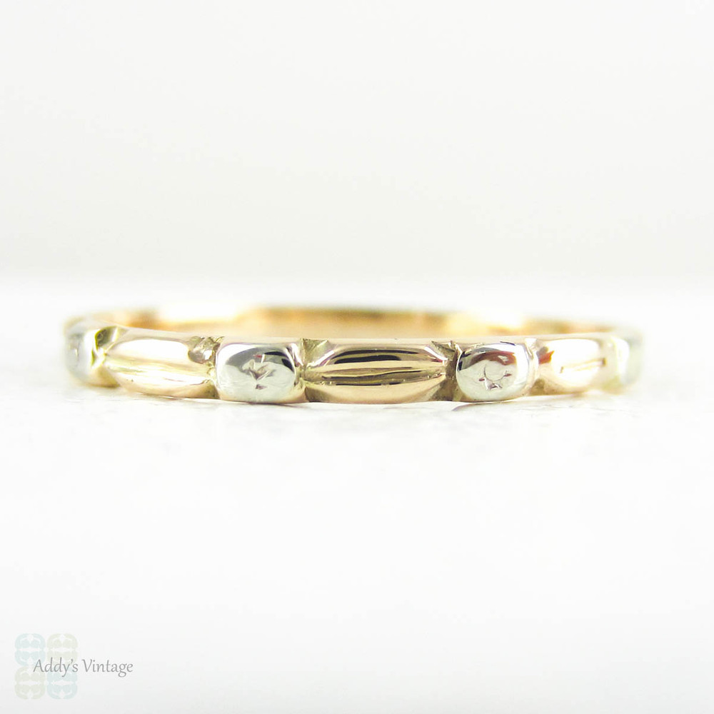 Dainty Vintage Wedding Ring, Two Tone 14 Carat Rose & White Gold Floral Ring, Narrow Stacking Band. Circa 1940s, Size M / 6.25.
