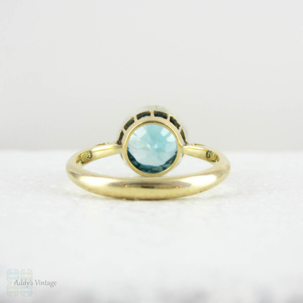 Blue Zircon Solitaire Ring, Vintage Large Single Stone with 5.9 Carat Old Cut Blue Zircon in 18 Carat White & Yellow Gold, Mid 20th Century.