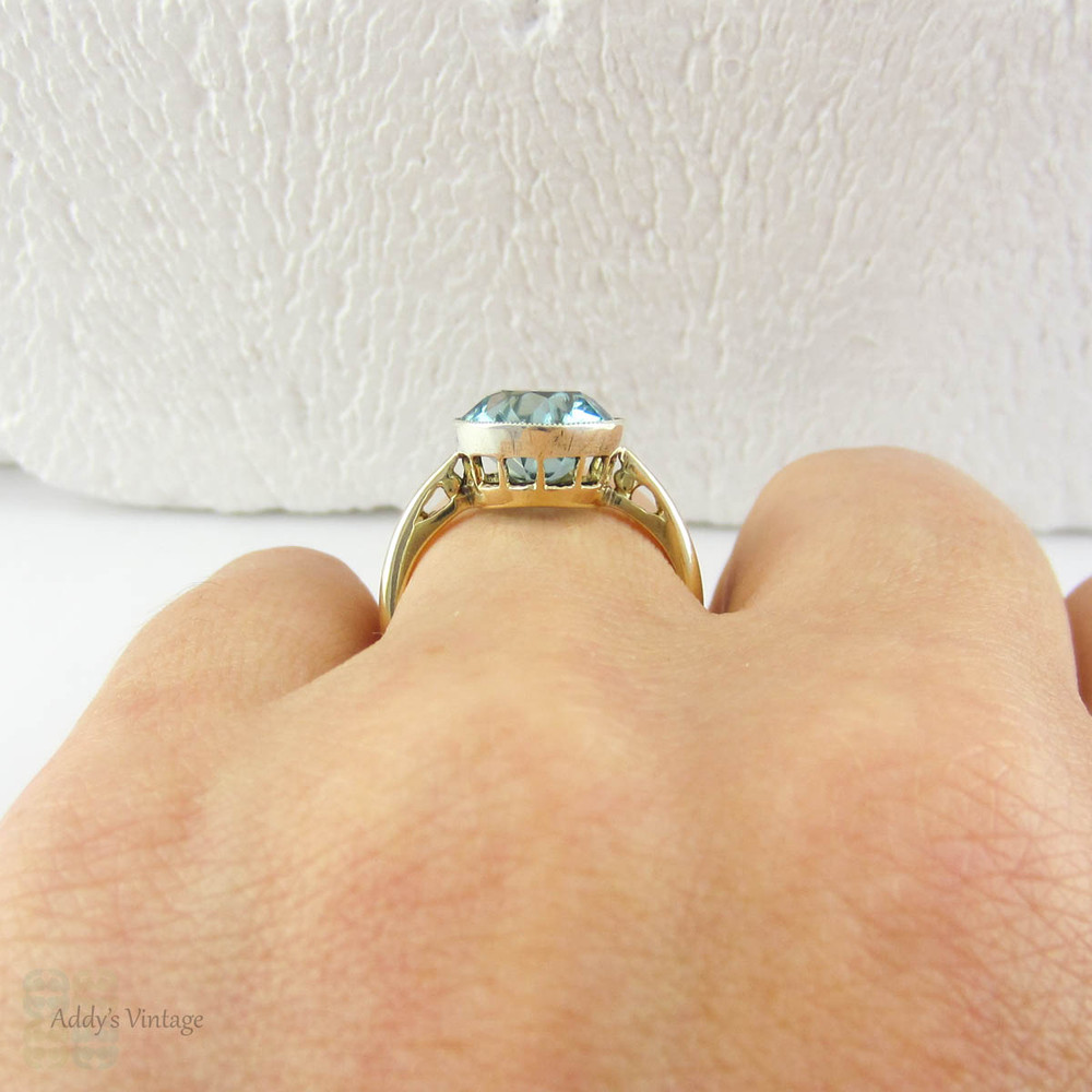 Blue Zircon Solitaire Ring, Vintage Large Single Stone with 5.9 Carat Old Cut Blue Zircon in 18 Carat White & Yellow Gold, Mid 20th Century.