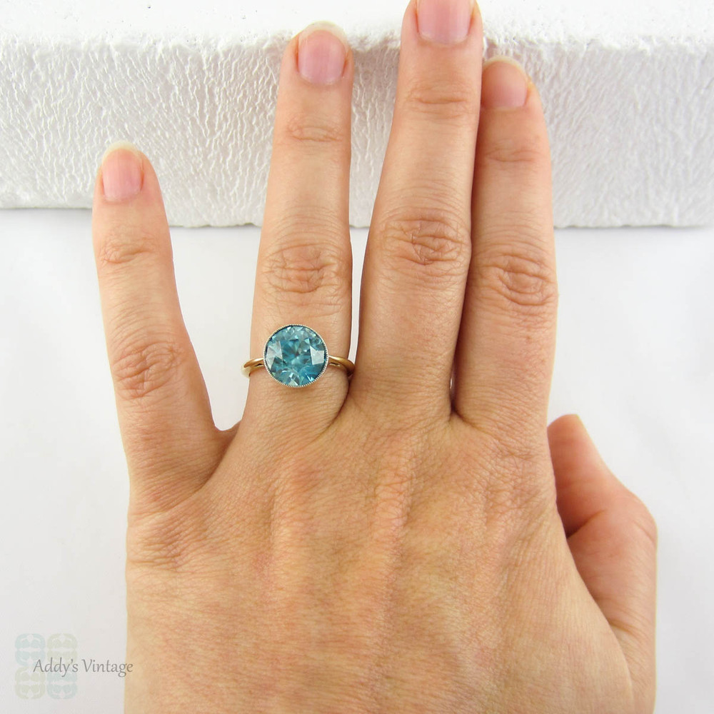 Blue Zircon Solitaire Ring, Vintage Large Single Stone with 5.9 Carat Old Cut Blue Zircon in 18 Carat White & Yellow Gold, Mid 20th Century.
