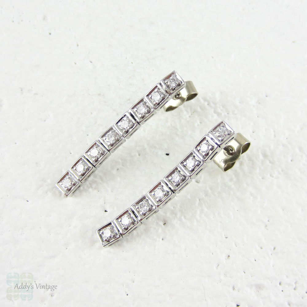 SALE Diamond Line Earrings, Bead Set Diamonds in Square Settings. Dangle Style Earrings in 18 Carat White Gold.