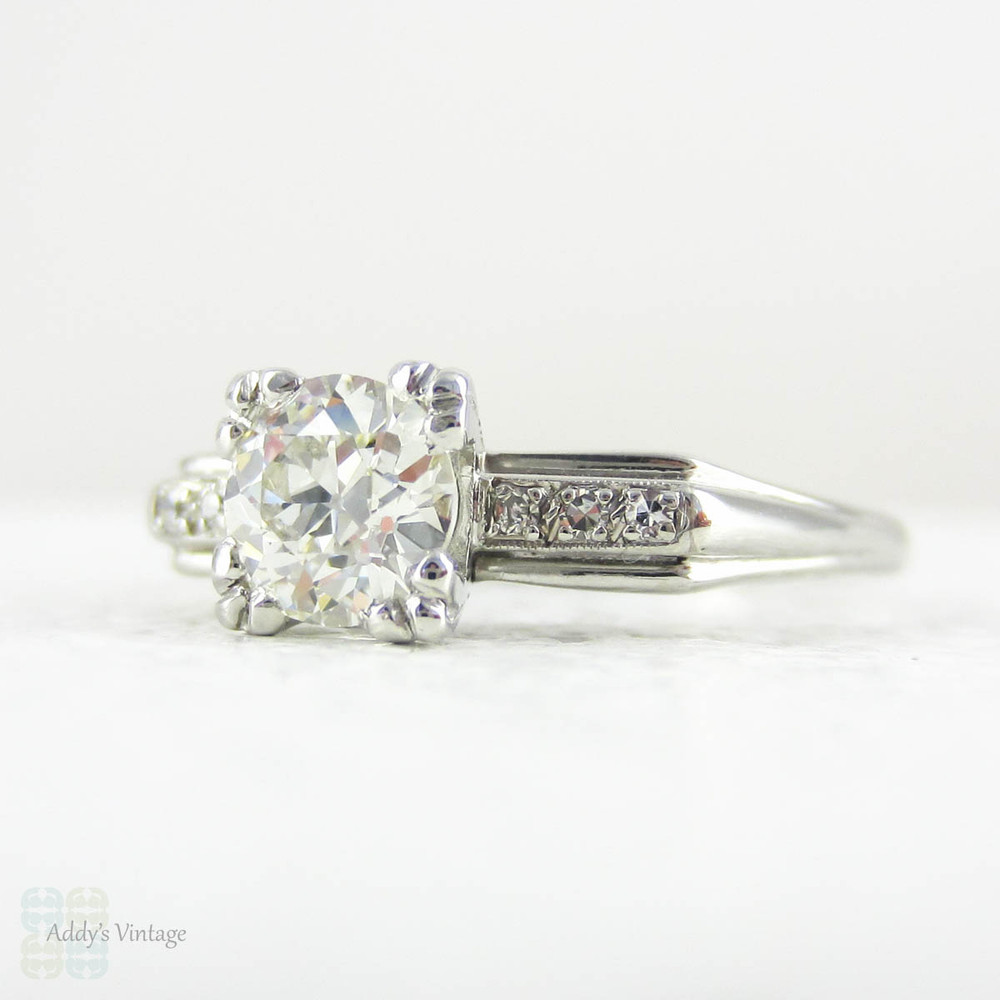 Old European Cut Diamond Engagement Ring, Platinum Fishtail Triple Claw Style Setting, 0.65 ctw. Bold Geometric Style, Circa 1930s.