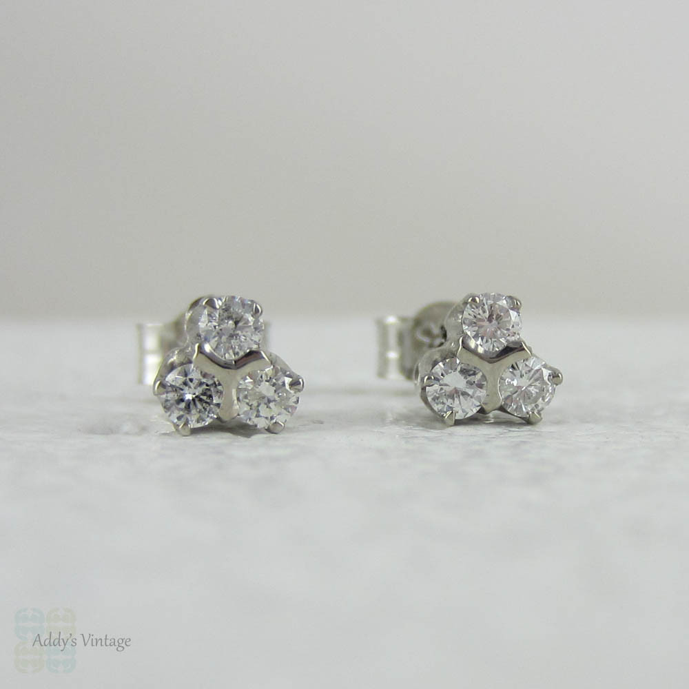 Estate Diamond Stud Earrings. Diamond Three Stone Cluster Earrings in 9 Carat White Gold.