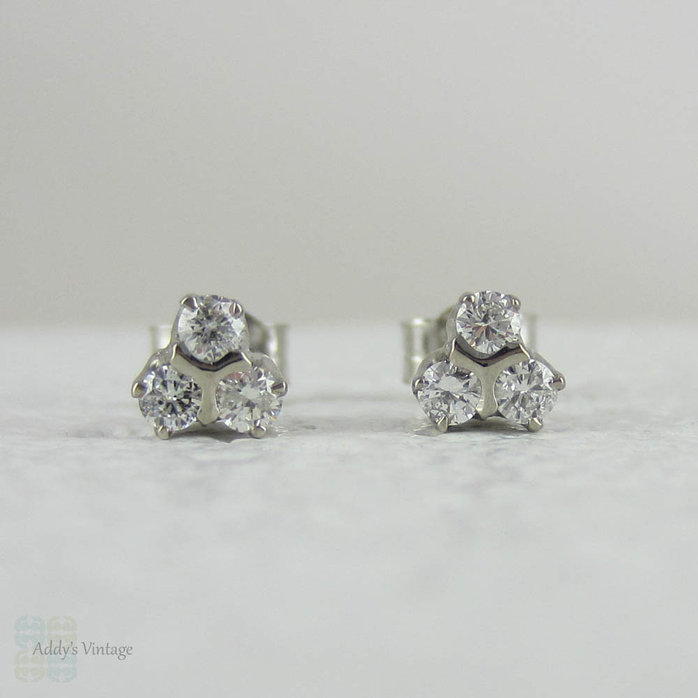 Estate Diamond Stud Earrings. Diamond Three Stone Cluster Earrings in 9 Carat White Gold.